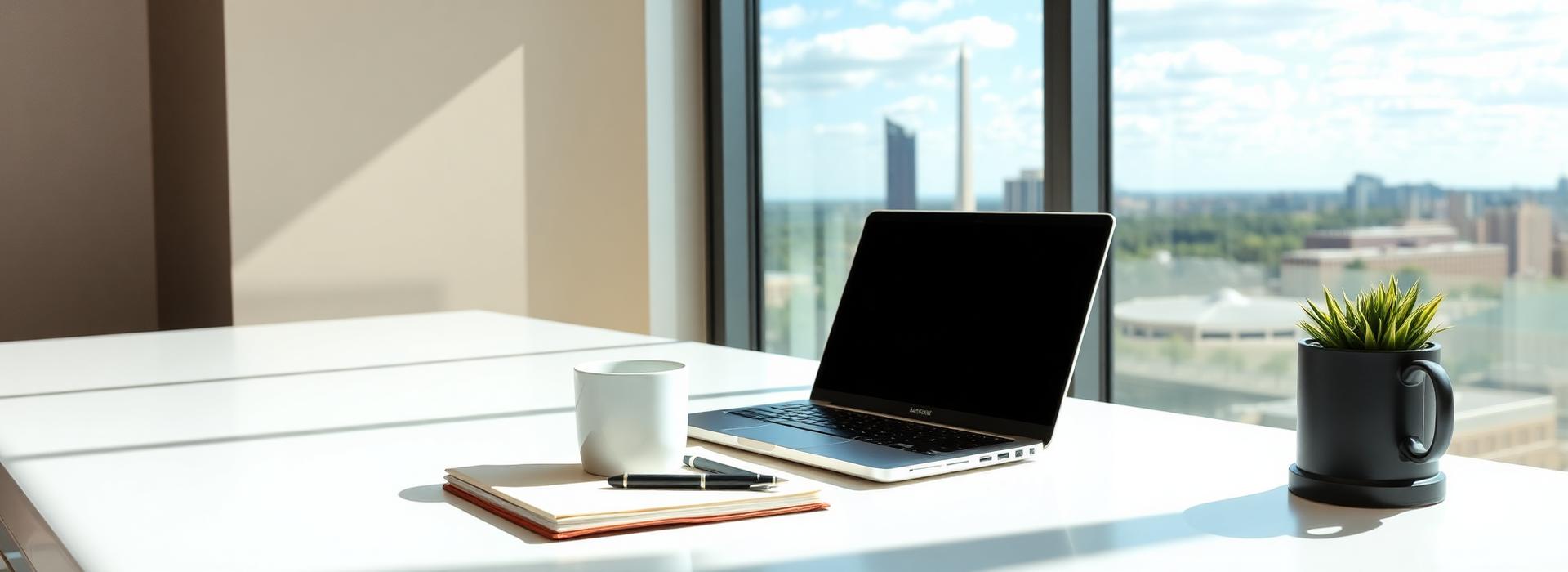 Professional blog editorial workspace with laptop and Washington DC view
