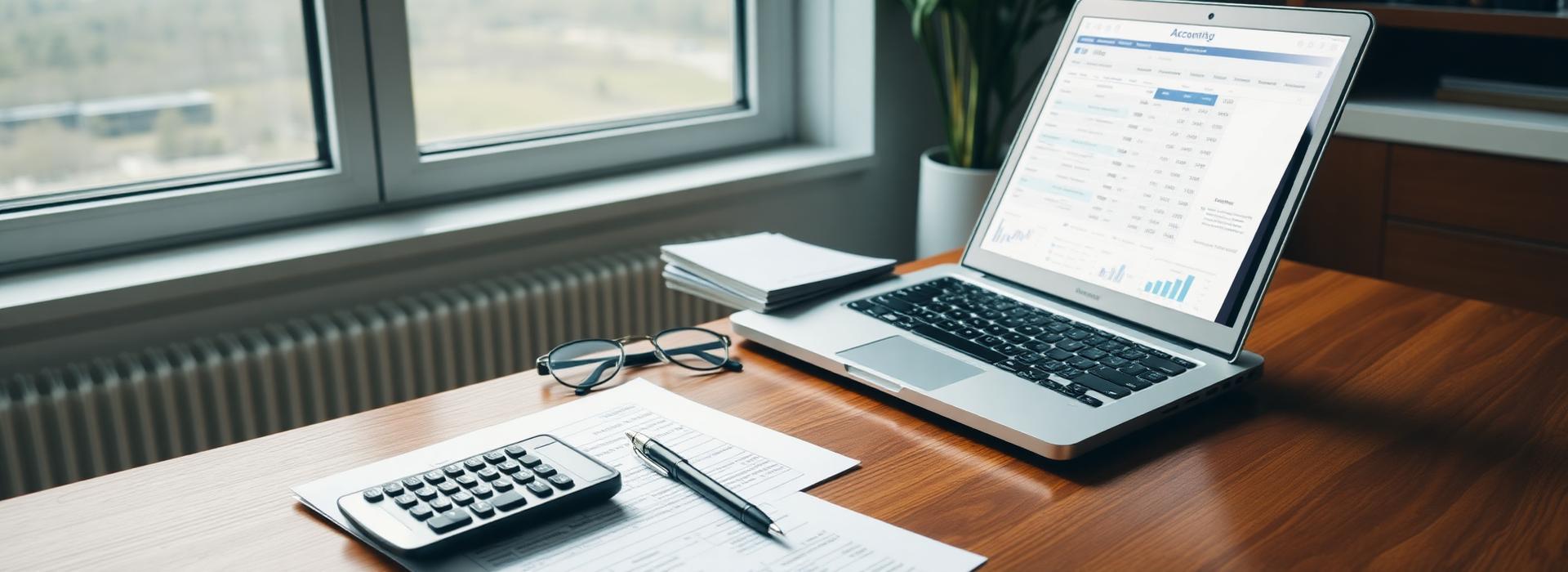 Accounting workspace with laptop, ledger, calculator and receipts